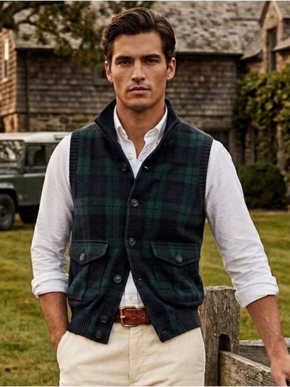 Eleventy Milano Wool Cotton Black Watch Plaid Knit Utility Vest Gilet XS